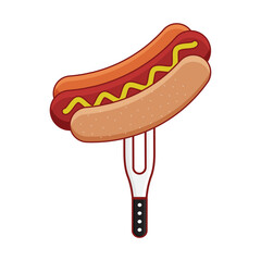 Isolated Hotdog On Fork Over White Background.