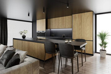 Modern and minimalist apartment interior living room. Kitchen with long island. Natural oak texture material with black matte finish. Modern furniture. 3d rendering