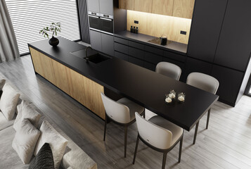 Modern and minimalist apartment interior living room. Kitchen with long island. Natural oak texture material with black matte finish. Modern furniture. 3d rendering. Top view.