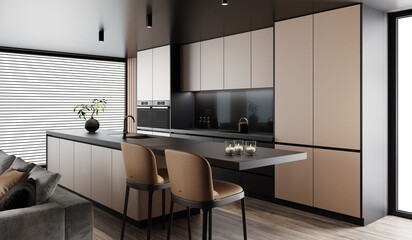 Modern and minimalist apartment interior living room. Kitchen with long island. Natural oak texture material with black matte finish. Modern furniture. 3d rendering