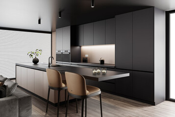 Modern and minimalist apartment interior living room. Kitchen with long island. Natural oak texture material with black matte finish. Modern furniture. 3d rendering