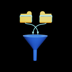 Blue And Yellow Filtering Folder File Symbol 3D Rendering Illustration Against Black Background.