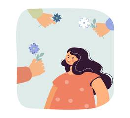 Smiling woman getting spring flowers. Hands holding meadow or field flowers for beautiful girl flat vector illustration. Spring, summer, love, celebration concept for banner or landing web page