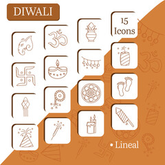 Isolated Diwali Lineal Icons Set Against Orange And White Background.