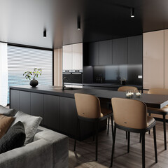 Modern and minimalist apartment interior living room. Kitchen with long island. Natural oak texture material with black matte finish. Modern furniture. 3d rendering