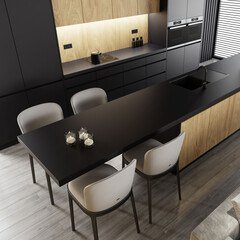 Modern and minimalist apartment interior living room. Kitchen with long island. Natural oak texture material with black matte finish. Modern furniture. 3d rendering