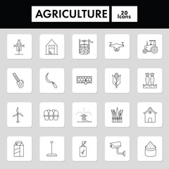 20 Agriculture Square Icon Set In Thin Line Art.