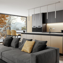 Modern and minimalist yellow and black apartment interior living room. Kitchen with long island. Modern furniture. Winter scene background. Rural. 3d rendering