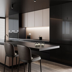 Modern and minimalist apartment interior living room. Kitchen with long island. Modern furniture. 3d rendering. Dark gold and black matte finish concept.