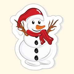 Sticker Style Colorful Snowman Icon On White Background.