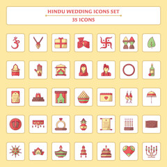 Set Of 35 Hindu Wedding Ceremony Icons Over Square Yellow Background.