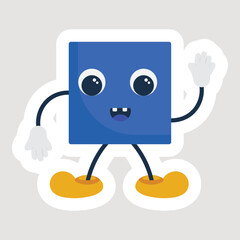Funny Blue Square Cartoon Standing In Hand Up And Down Pose.