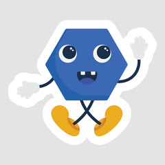 Jumping Octagon Shape Cartoon Sticker In Blue And Yellow Color.