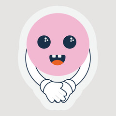 Laughing Pink Circle Cartoon With Hand Close In Sticker Style.