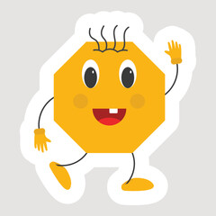 Isolated Sticker Of Yellow Cheerful Nonagon Cartoon In Dancing Pose.