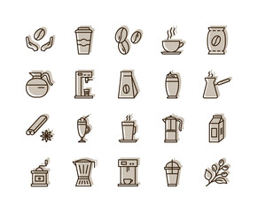 Coffee flat line icons set. Beans, hot cocktail and coffee maker machine, espresso cup, cappuccino. Simple flat vector illustration for store, web site or mobile app