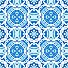 Blue white watercolor azulejos tile background. Seamless coastal geometric floral mosaic effect. Ornamental arabesque all over summer fashion damask repeat