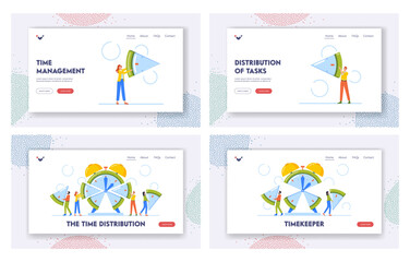 Obraz na płótnie Canvas Time Distribution Landing Page Template Set. Business People Manage Limited Time To Optimize Outcome, Project Efficiency