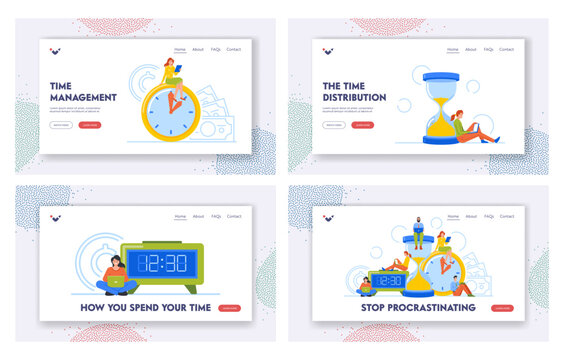 Time Management Landing Page Template Set. Businesspeople around of Huge Clocks. Business Men and Women with Watches