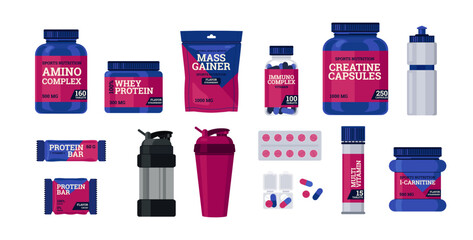 Sport supplements set, protein powder jar and shaker caps, flat vector illustration isolated on white background. - obrazy, fototapety, plakaty