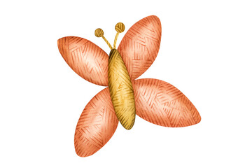 Watercolor illustration, knitted butterfly, moth, woolen toy, wicker insect, knitted texture, imitation of knitting red and scarlet