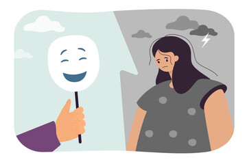 Upset cartoon woman and hand holding happy mask. Girl hiding feelings flat vector illustration. Emotions, psychology, personality, sadness concept for banner, website design or landing web page