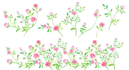 Obraz na płótnie Canvas 小さいバラの水彩イラスト。装飾エレメントセット（透過背景） 