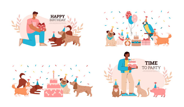 Set of scenes about pet birthday party flat style, vector illustration