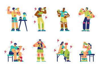 People drinking protein shake, BCAA, energy drink and creatine - flat vector illustration isolated on white background.