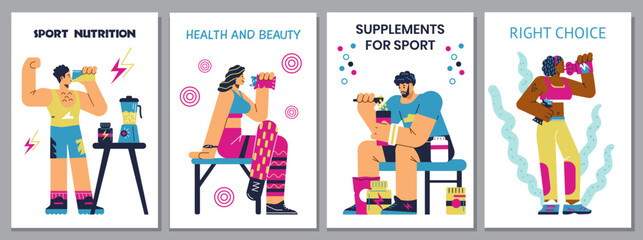 Sport nutrition and supplements for athletic people, posters set - flat vector illustration.