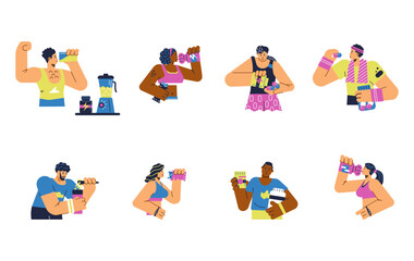 People mix and drink protein shakes and gainers, flat vector isolated.