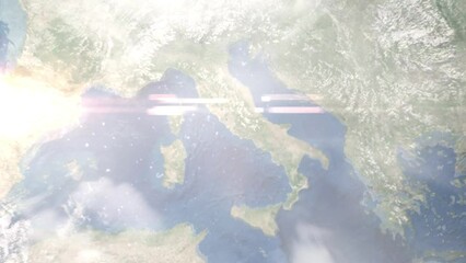 Earth zoom in from outer space to city. Zooming on Aprilia, Latina, Italy. The animation continues by zoom out through clouds and atmosphere into space. Images from NASA