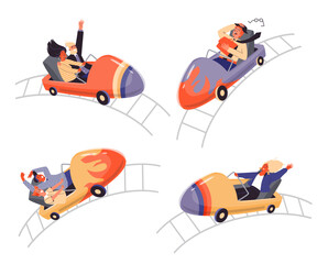 Naklejka premium Set of people riding on roller coaster with different emotions flat style