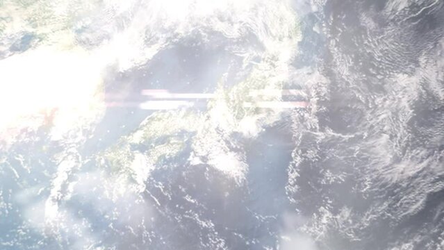 Earth zoom in from outer space to city. Zooming on Kariya, Aichi, Japan. The animation continues by zoom out through clouds and atmosphere into space. Images from NASA