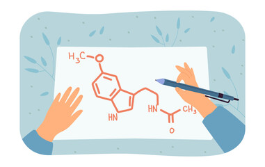 Hands of medical student drawing melatonin structure on paper. Person with pen, chemical formula flat vector illustration. Sleep disorder, treatment, health concept for banner or landing page