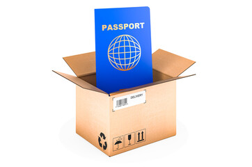 Passport inside cardboard box, delivery concept. 3D rendering