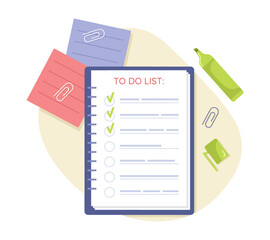 To do list and stationery 2D vector isolated illustration. Office flat objects on cartoon background. Business colourful editable scene for mobile, website, presentation. Comfortaa Regular font used