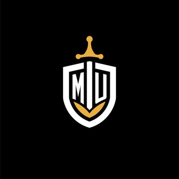 Creative letter MU logo gaming esport with shield and sword design ideas