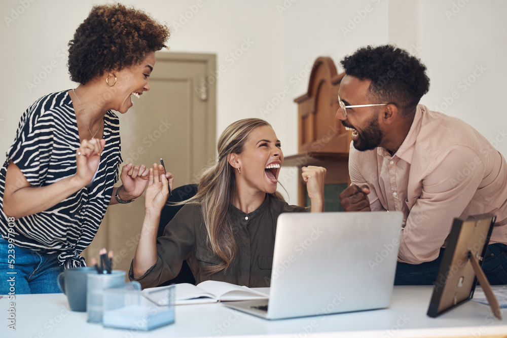 Canvas Prints Happy, smiling and cheering young university or college students excited after completing a project. Casual team of learners celebrating after getting a good grade on a their research assignment