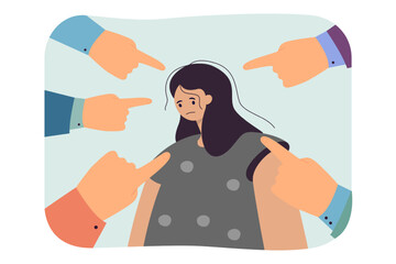 Fingers pointing at sad woman with messy hair. People bullying depressed girl flat vector illustration. Depression, conflict, public opinion, mental health concept for banner or landing web page