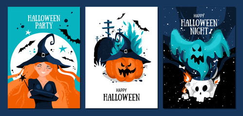 Set of halloween postcards with cute witch, moon, magic wand, bats, cemetery, crosses, devil pumpkin, ghost, skull, bones, spiders and candles.Vector template for card, poster, flyer, banner and other