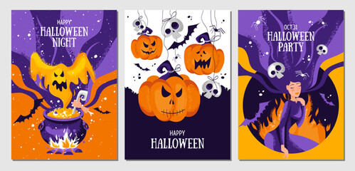 Set of halloween postcards with ghost, magic potion, witch's cauldron, cute witch, she-devil, devil pumpkins, skulls, bonfire, spiders, bats.Vector template for card, poster, flyer, banner and other