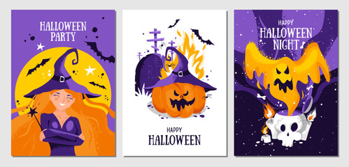 Fototapeta premium Set of halloween postcards with cute witch, moon, magic wand, bats, cemetery, crosses, devil pumpkin, ghost, skull, bones, spiders and candles.Vector template for card, poster, flyer, banner and other