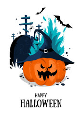 Holiday party greeting card for Halloween. Devil's pumpkin in the cemetery, crosses, grave and bats. Vector template for card, poster, flyer, banner and other