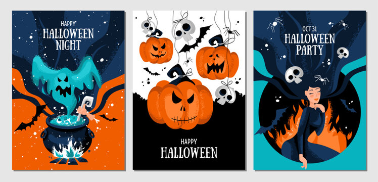 Set of halloween postcards with ghost, magic potion, witch's cauldron, cute witch, she-devil, devil pumpkins, skulls, bonfire, spiders, bats.Vector template for card, poster, flyer, banner and other