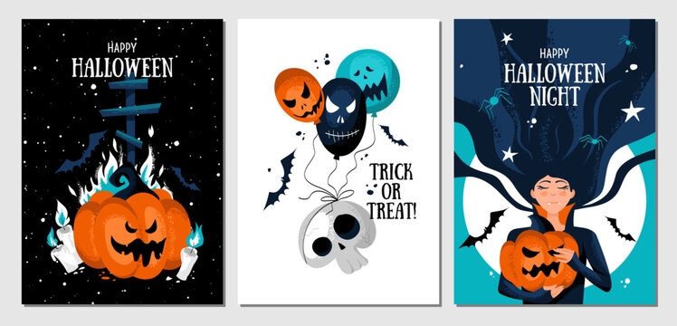Set of halloween postcards with devil pumpkin, cross, candles, skull, balloons, cute vampire woman, spiders and bats.Vector template for card, poster, flyer, banner and other