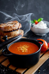 Tomato soup..Vegetable Soup, Tomato, Garlic, Toast, Bread, Onion, Balsamic, Spices, Salt, Lunch, Dinner, Snack, Restaurant, Bar, Cafe, Food Photography