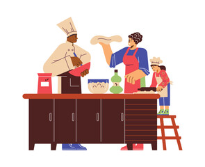 Pizza master class culinary workshop for family flat vector illustration.