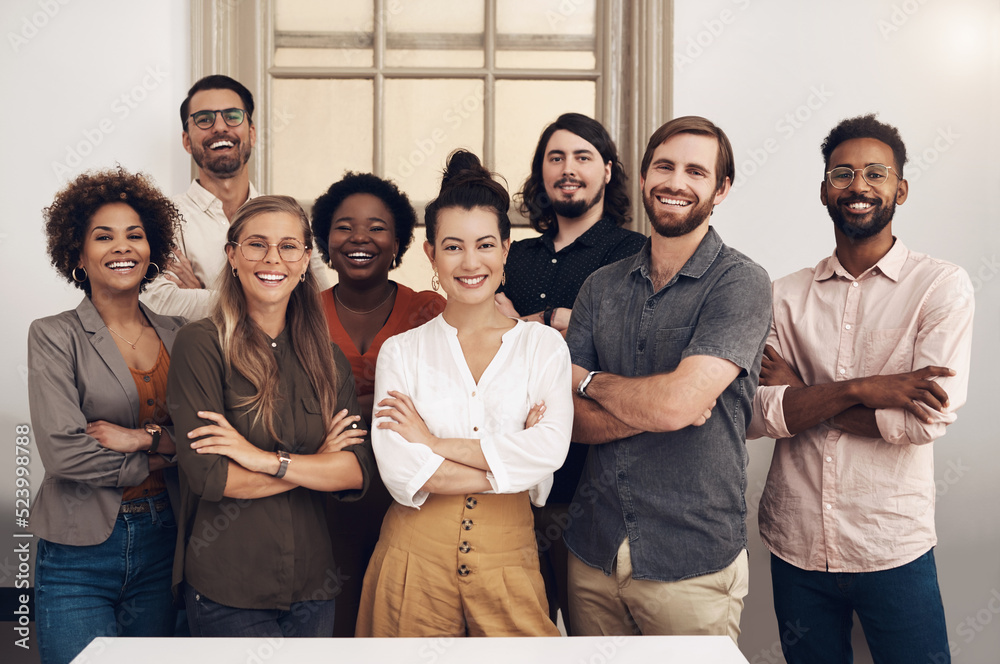 Poster Happy, diverse and smiling startup entrepreneurs standing together showing teamwork goals. Contact us and learn about us and our vision, mission and faq from our international business community