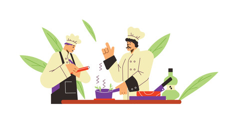 Mustachioed chef teaches young to cook flat style, vector illustration - obrazy, fototapety, plakaty